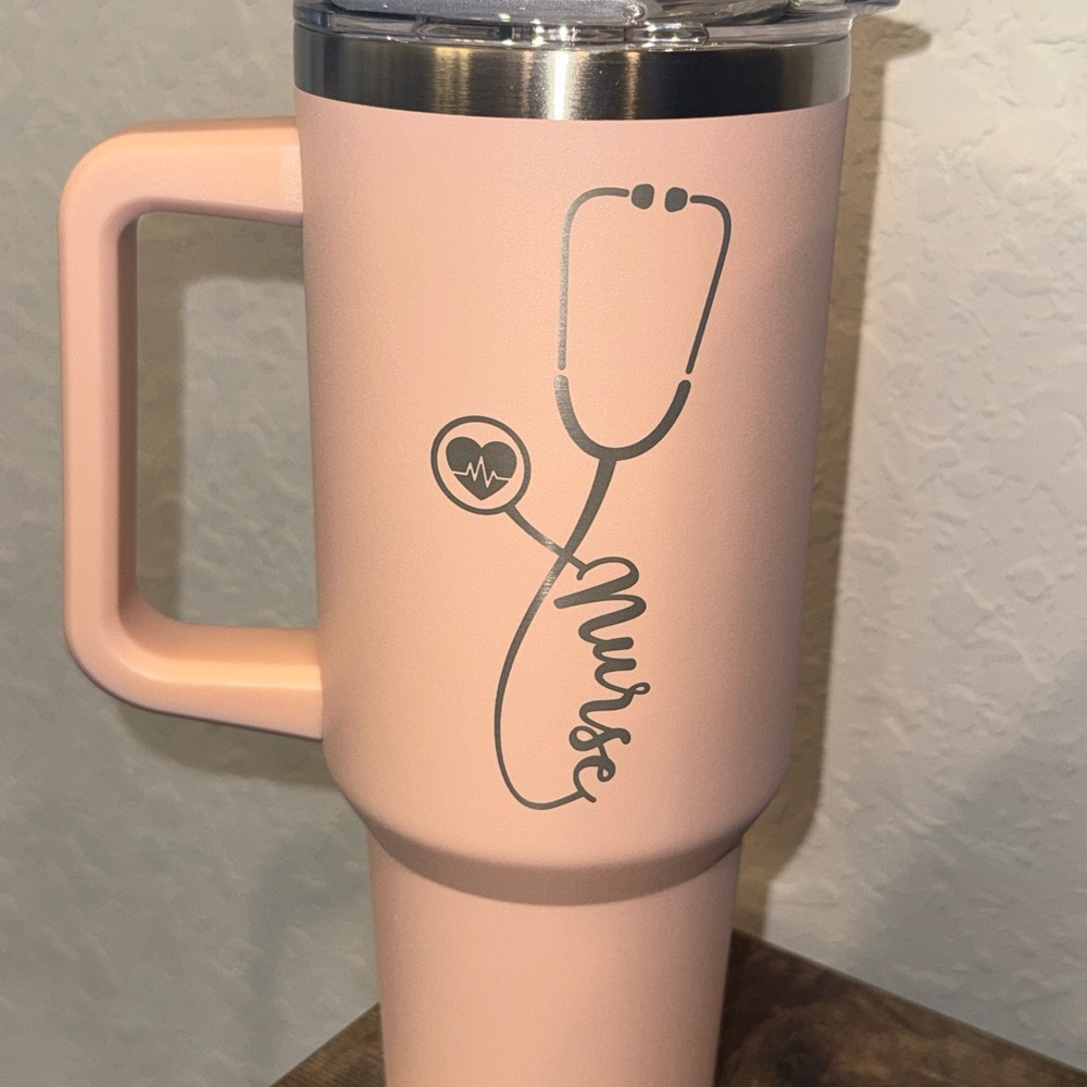 40 oz. Pink Nurse Tumbler with Handle (BONUS 2 Straw Covers)